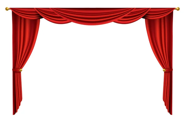 Cortinas vermelhas realistas. Decoração de seda de tecido de teatro para cinema ou sala de ópera. Cortinas e cortinas objeto de decoração de interiores. Isolado em branco para palco de teatro — Vetor de Stock