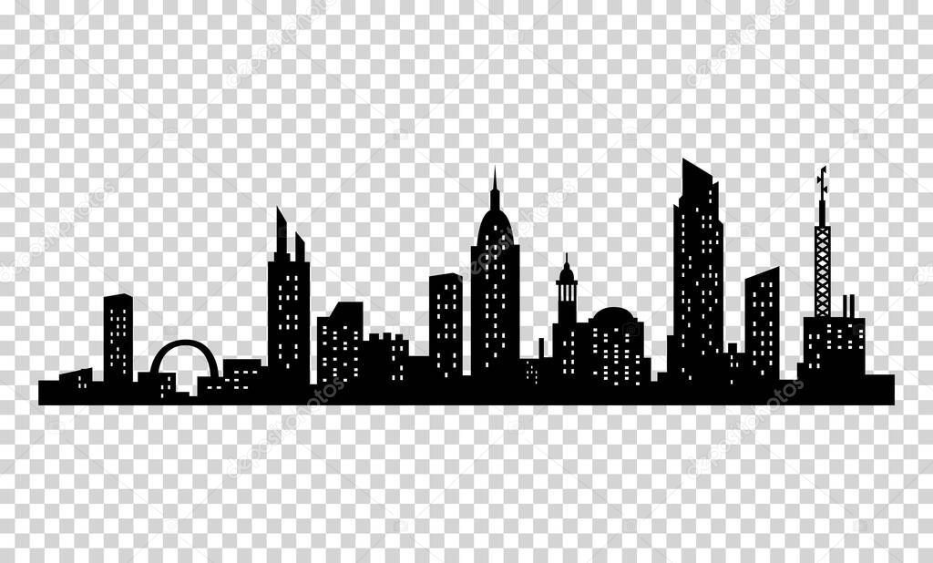 City silhouette. Modern urban landscape. Cityscape buildings silhouette on transparent background. City skyline with windows in a flat style