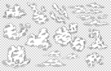 Çizgi film tarzında el çizimi bulutlar. Doodle gökyüzü koleksiyonu. Şeffaf arkaplanda vektör illüstrasyonu