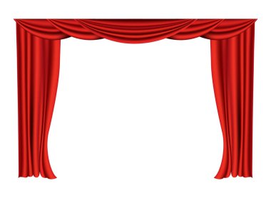 Kırmızı perdeler gerçekçi. Sinema veya opera salonu için ipek kumaş dekorasyonu. Perdeler ve perdeler iç dekorasyon objesi. Tiyatro sahnesi için beyazda izole edilmiş.