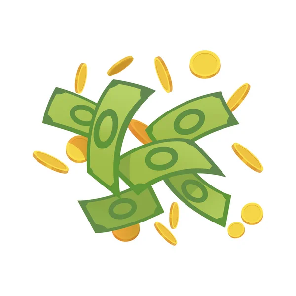 Dinero de dibujos animados. Billete verde y monedas de oro ilustración vector de dibujos animados. Billetes de avión y rollos, muchas monedas. Lluvia dólar — Archivo Imágenes Vectoriales