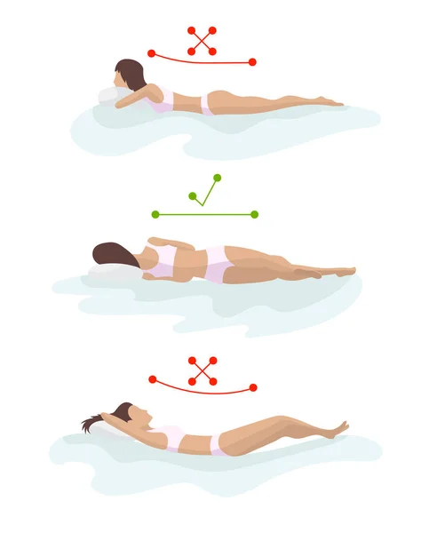 Postura corretta e scorretta del corpo addormentato. Posizione colonna vertebrale in vari materassi. Materasso ortopedico e cuscino. Prendersi cura della salute della schiena, del collo. Illustrazione comparativa Posizione sana di sonno — Vettoriale Stock