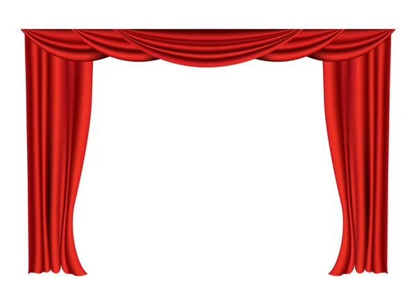 Cortinas vermelhas realistas. Decoração de seda de tecido de teatro para cinema ou sala de ópera. Cortinas e cortinas objeto de decoração de interiores. Isolado em branco para palco de teatro — Vetor de Stock