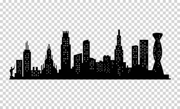 Silhouette de ville. Paysage urbain moderne. Paysage urbain bâtiments silhouette sur fond transparent. Skyline de la ville avec des fenêtres dans un style plat — Image vectorielle
