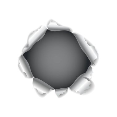 Kağıt deliği. Yırtık kenarlı gerçekçi bir vektör kağıdı. Koyu bir arka plandaki kağıt parçasında yırtık bir delik. Vektör illüstrasyonu