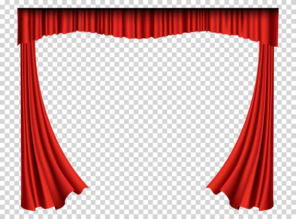 Röda gardiner realistiska. Teater tyg silke dekoration för film bio eller opera hall. Gardiner och draperier inredning objekt. Isolerad på transparent för teaterscenen — Stock vektor