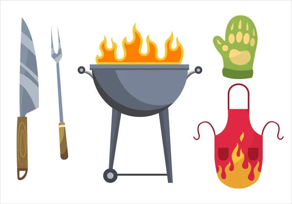 Icônes de barbecue. Ensemble d'éléments pour griller. Barbecue place grill, gants, fourchette, couteau et tablier. Tout est prêt pour une fête de famille — Image vectorielle