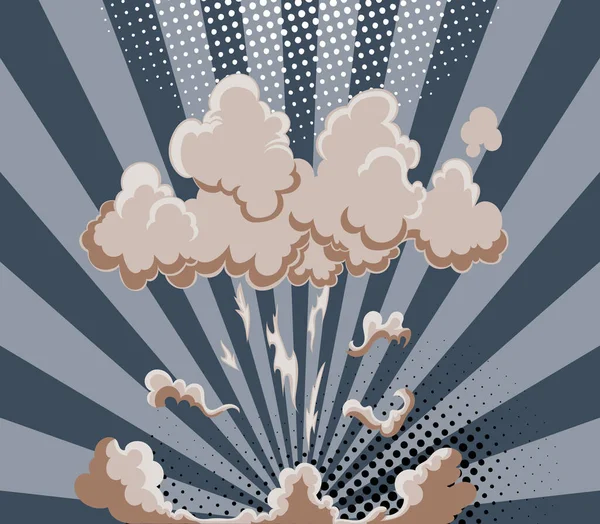 Effet explosion de bande dessinée avec fumée. Bannière drôle colorée dans le style de bande dessinée et pop art. Bande dessinée explosion bang sur rayon de soleil rayé fond — Image vectorielle