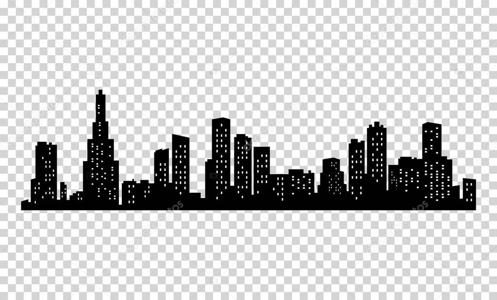 City silhouette. Modern urban landscape. Cityscape buildings silhouette on transparent background. City skyline with windows in a flat style