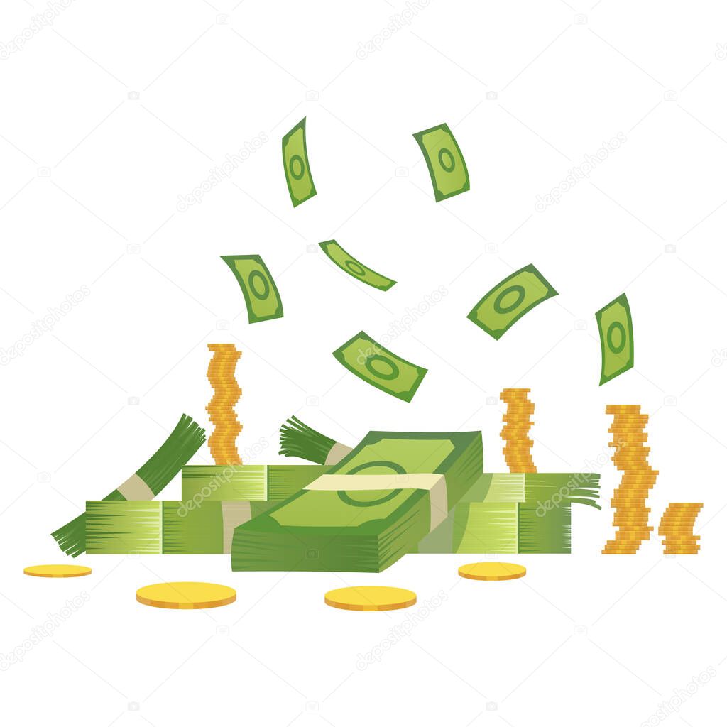 Cartoon money. Green banknote and gold coins cartoon vector illustration. Flying and rolls bills, stacks of coins. Dollar rain