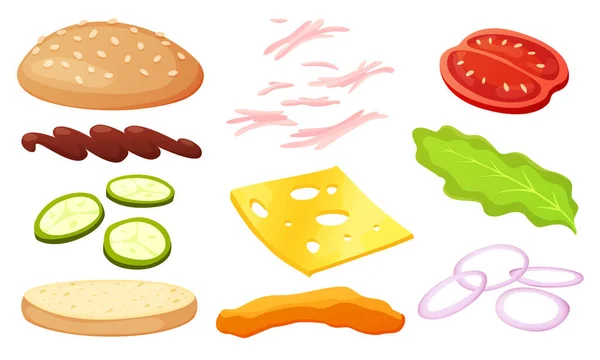 Burger συστατικά diy συλλογή. Σετ μεμονωμένων συστατικών για να φτιάξετε το δικό σας burger και σάντουιτς. Κομμένα λαχανικά, σάλτσες, κουλούρι και κοτολέτες για μπέργκερ. Διανυσματικός κατασκευαστής burger — Διανυσματικό Αρχείο