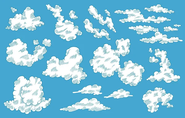 Nuvens desenhadas à mão em estilo cartoon. Coleção do céu Doodle. Ilustração vetorial sobre fundo azul —  Vetores de Stock