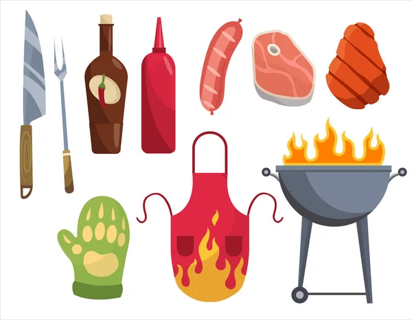 Icônes de barbecue. Ensemble d'éléments pour griller. Barbecue grill viande, vigne, gants, fourchette. Tout est prêt pour une fête de famille — Image vectorielle