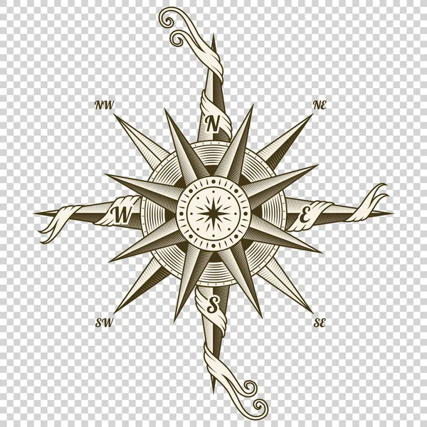 Vintage nautical compass. Old vector design element for marine theme and heraldry on transparent background. Hand drawn wind rose — Stock Vector