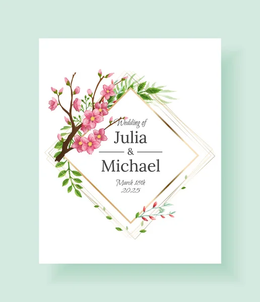 Luxury floral wedding invitation design or greeting card template with sakura branch and flowers — Stock Vector