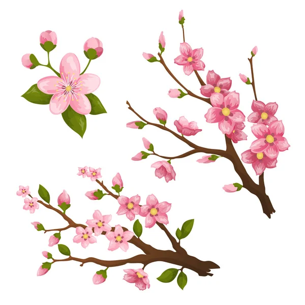 Sakura. Bella stampa con fiori di sakura rosa scuro e rosa chiaro in fiore. Elemento di design per banner di auguri o modello di invito al matrimonio — Vettoriale Stock