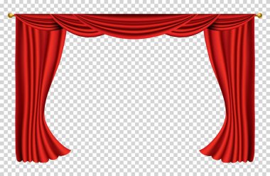 Kırmızı perdeler gerçekçi. Sinema veya opera salonu için ipek kumaş dekorasyonu. Perdeler ve perdeler iç dekorasyon objesi. Tiyatro sahnesi için saydam olarak izole edilmiş.