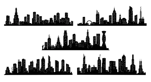 Coleção de silhuetas de cidade. Paisagem urbana moderna. Cityscape edifícios silhueta em fundo transparente. skyline cidade com janelas em um estilo plano —  Vetores de Stock