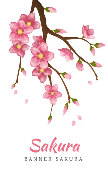 Sakura. Banner de tarjeta de felicitación o tarjeta de invitación con flores de sakura en flor. Flor flores ilustración boda invitación plantilla — Vector de stock