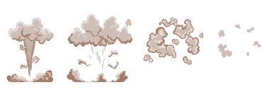 Duman ile çizgi film patlama etkisi. Çizgi roman patlaması, flaş patlaması, bomba çizgi romanı, vektör illüstrasyonu. Patlama etkisi animasyonu. Çizgi film patlama çerçeveleri. Oyun için canlandırma çerçeveleri