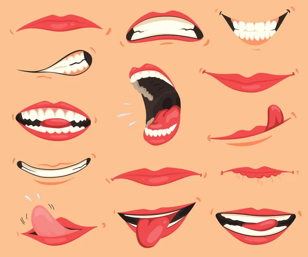 Mundpropaganda. Lippen mit einer Vielzahl von Emotionen, Mimik. Weibliche Lippen im Cartoon-Stil. Sammlung von Gesten Lippen. Satz von Mund Karikatur lustig und Emotion. Roter Lippenstift — Stockvektor