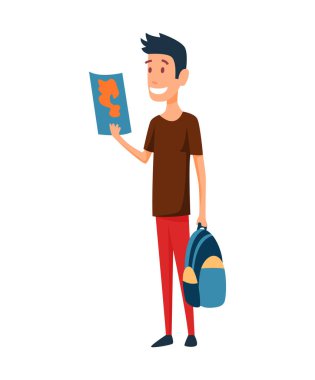 Turist. Aktif yaşam tarzı kavramı, turizm. Elinde harita ve çanta olan genç bir adam ileriye bakıyor ve gülümsüyor. Yol planlama. Vektör illüstrasyonu