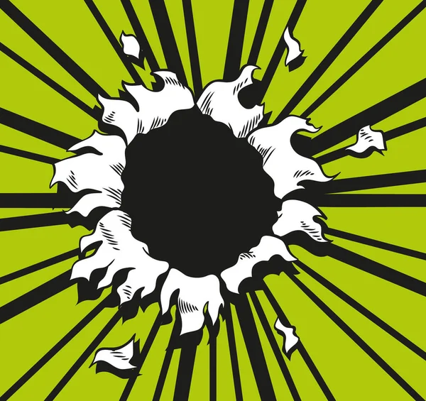 Comic-Buch Loch. Vektor-Papier wird durch Boom-Explosion gerissen. Kreisloch in der Mitte auf grünem Hintergrund. Comics-Stil Cover-Vorlage oder Flyer-Tapete — Stockvektor