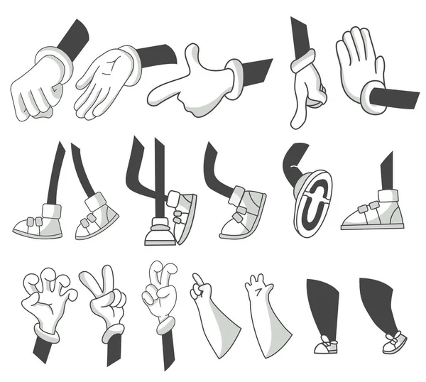 Набор мультипликационных лаг и рук. Руки клипарта в разных позах. Различные руки с разным жестом. Векторная ходьба ногами в различных положениях. Ноги в сапогах и перчатках — стоковый вектор