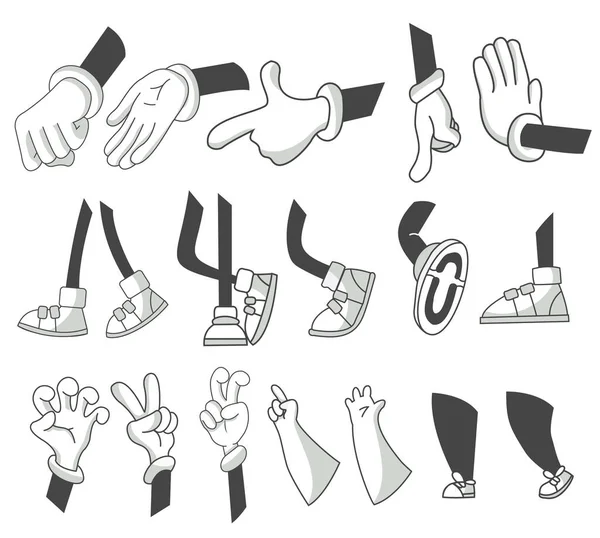 Ensemble de décalages et de mains de dessin animé. Bras clipart dans différentes poses. Différentes mains avec un geste différent. Vecteur marchant pieds dans différentes positions. Jambes en bottes et mains gantées — Image vectorielle