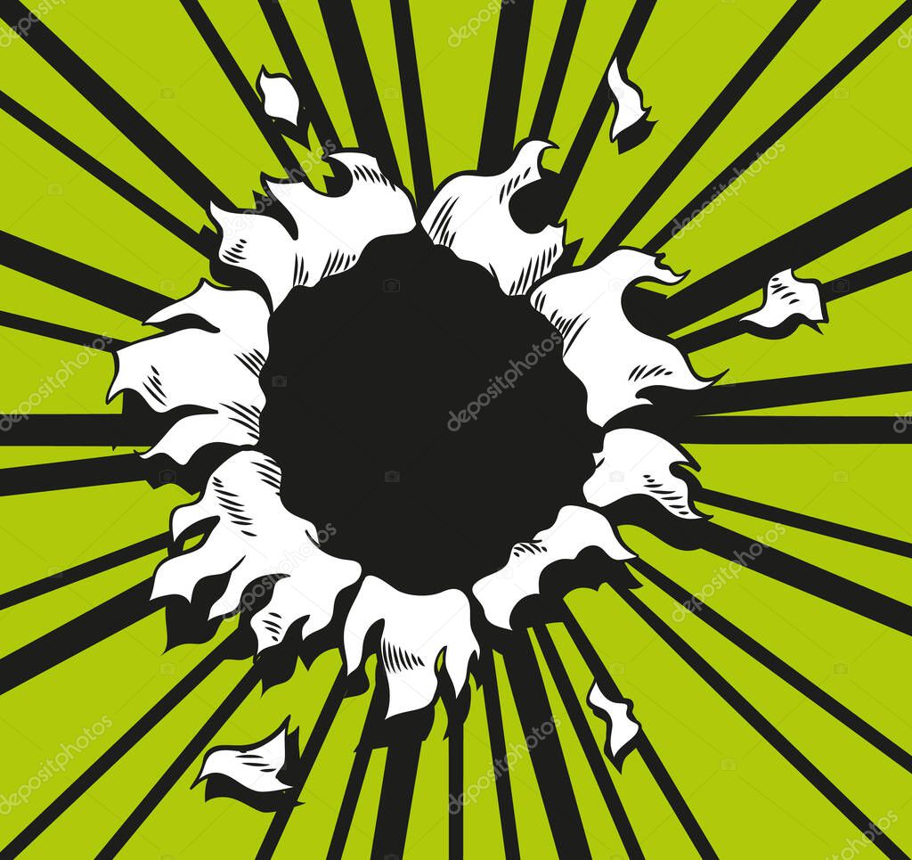 Comic book hole. Vector paper is torn through boom explosion. Circle hole in the middle on green background. Comics style cover template or flyer wallpaper