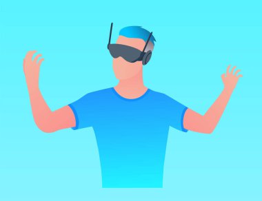 Sanal gerçeklik gözlüğü takan bir adam. VR arayüzüne dokunuyorum. Geleceğin teknolojisi. Sanal gerçeklik simülatörü kullanan bir adam. Modern yenilikçi teknolojiler