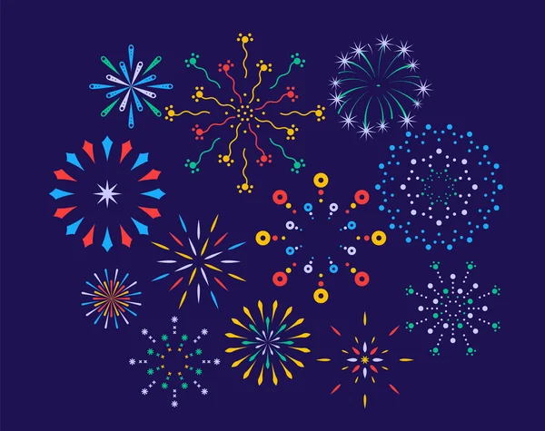 Festive fireworks on a night background. Colorful bright fireworks in the night sky. Celebration fireworks. Background for festive design, party. Pyrotechnics firecracker background — Stock Vector
