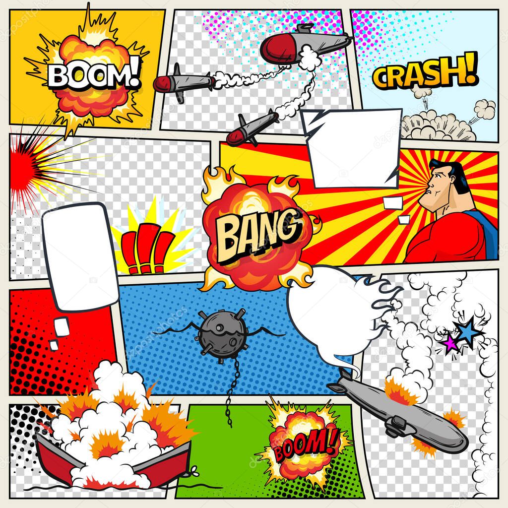 Template comic book page with warships. Pop art ships that explode. Military action. Comic book page divided by lines with speech bubbles superhero and sounds effect. Retro background mock-up
