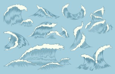 Dalgaların oyma koleksiyonu. Pankart ve poster için deniz ve deniz dalgaları veya okyanus dalgaları. El çizimi deniz sıçraması. Retro arkaplan