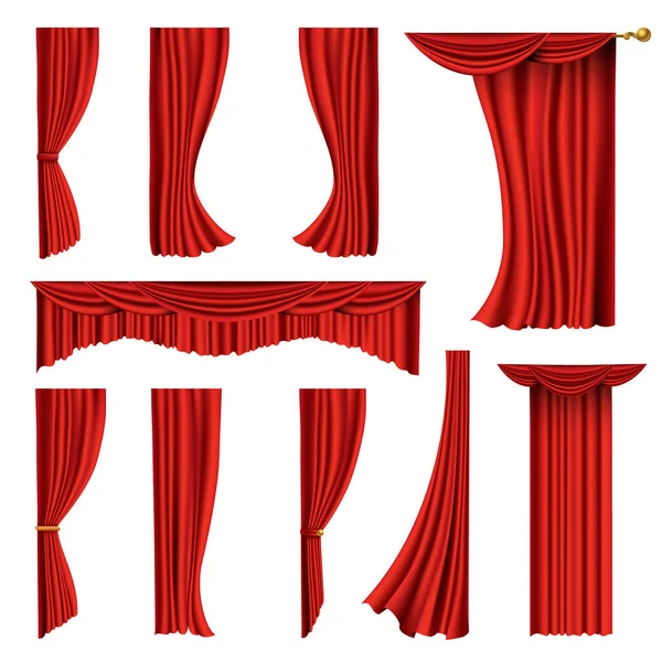 Colección de cortinas rojas realistas. Decoración de seda de tela de teatro para cine o sala de ópera. Cortinas y cortinas objeto de decoración interior. Aislado en blanco para teatro — Archivo Imágenes Vectoriales