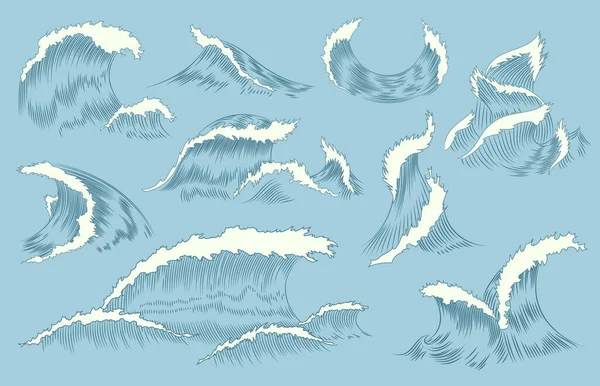 Dalgaların oyma koleksiyonu. Pankart ve poster için deniz ve deniz dalgaları veya okyanus dalgaları. El çizimi deniz sıçraması. Retro arkaplan