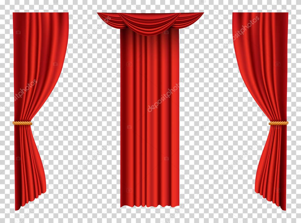 Red curtains realistic. Theater fabric silk decoration for movie cinema or opera hall. Curtains and draperies interior decoration object. Isolated on transparent for theater stage