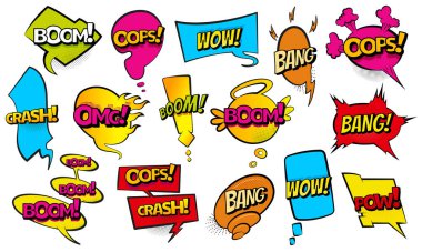 Komik renkli el çizimi konuşma baloncukları. Retro karikatür çıkartmalarını hazırla. Komik tasarım vektör öğeleri illüstrasyonu. Çizgi roman WOW, boom, bang pop sanat tarzında ses efektleri