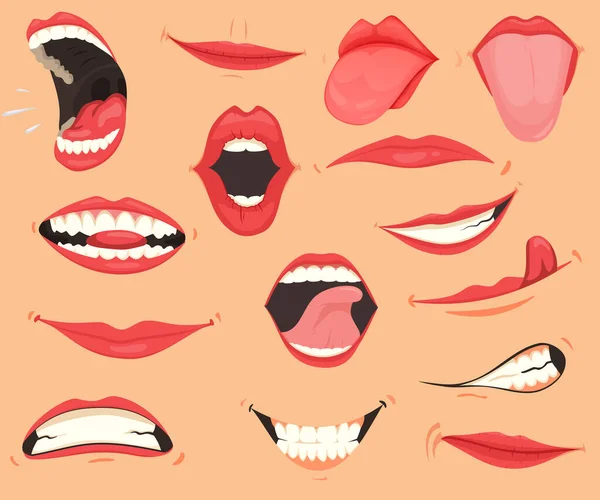 Mundpropaganda. Lippen mit einer Vielzahl von Emotionen, Mimik. Weibliche Lippen im Cartoon-Stil. Sammlung von Gesten Lippen. Satz von Mund Karikatur lustig und Emotion. Roter Lippenstift — Stockvektor