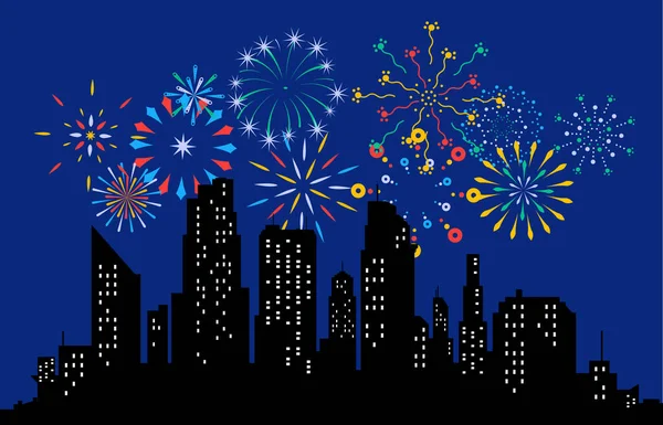 Fireworks displaying in dark evening sky and celebrating holiday against city buildings. Festival celebration, pyrotechnics show at night scene. Flat cartoon colorful vector illustration — Stock Vector