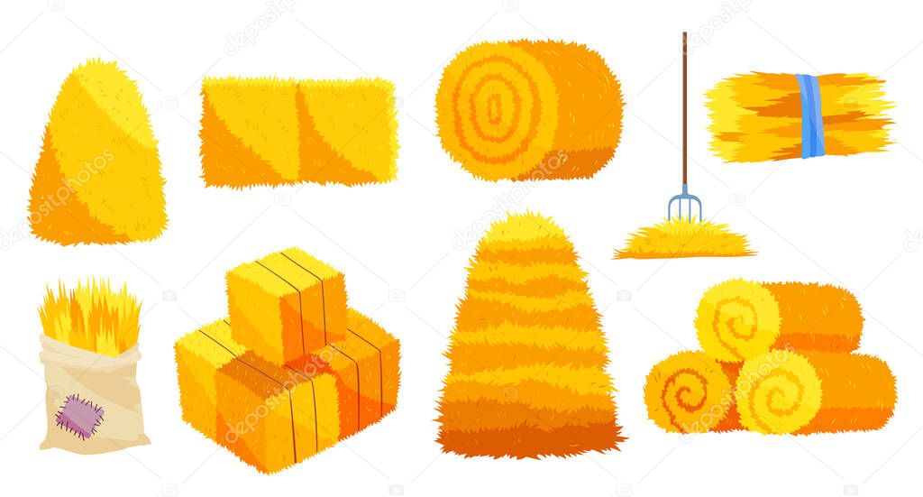 Collection of hays. Flat vector illustration dried haystacks with fork. Rolls of hay. A supply of feed for livestock, the object of agriculture. Farm straw bale nature agriculture
