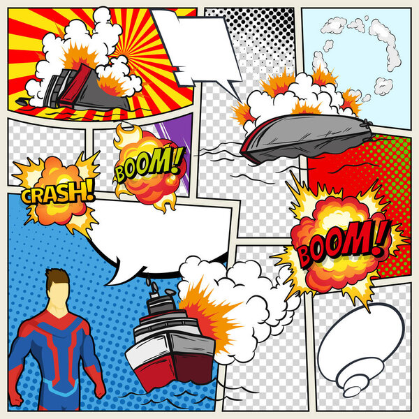 Template comic book page with warships. Vector retro background mock-up. Comic book page divided by lines with speech bubbles superhero and sounds effect. Pop art ships that explode