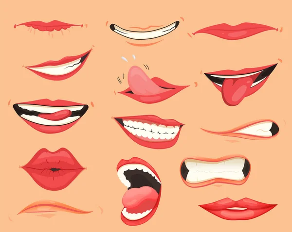 Expresiones bucales. Labios con una variedad de emociones, expresiones faciales. Labios femeninos en estilo de dibujos animados. Colección de gestos labios. Conjunto de dibujos animados boca divertida y emoción. Lápiz labial rojo — Archivo Imágenes Vectoriales