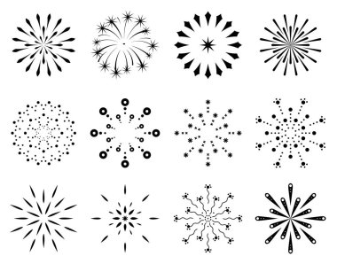 Collection of flat fireworks. Festive sparkles, carnival salutes. Outline firework explosion vector elements. Sketch pyrotechnics celebrate stars clipart