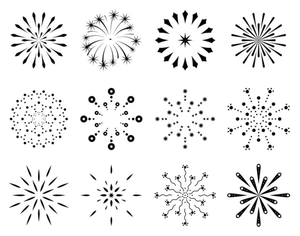 Collection of flat fireworks. Festive sparkles, carnival salutes. Outline firework explosion vector elements. Sketch pyrotechnics celebrate stars — Stock Vector