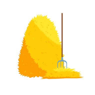 Samanlık beyaz arka planda izole edilmiş. Düz vektör çizimi çatalla kurutulmuş saman yığını. Çiftlik saman balyası samanlığı, tarımsal kır köylüsü.