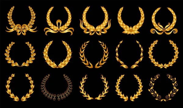 Golden laurel wreath. Collection of different black circular laurel, olive, wheat wreaths depicting an award, achievement, heraldry, nobility. Vector premium insignia, traditional victory symbol — Stock Vector