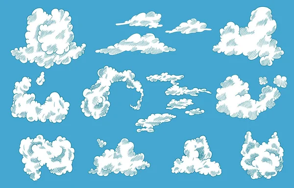 Nubes vectoriales dibujadas a mano Diseño de cielo retro vintage. Esbozo grabado. Nubes abstractas de garabatos. Línea de arte — Vector de stock