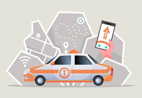 Taxis mit Elektroautos. Telefon mit Ortsmarke und Smart Car mit modernem Stadtplan. Vektorillustration des Online-Taxiservice gesteuert über Smartphone-App — Stockvektor