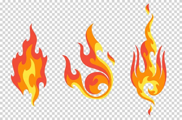 Set aus roter und orangefarbener Flamme. Flammen in verschiedenen Formen. Feuerball Set, flammende Symbole. Idee von Energie und Macht. Sammlung von glühend heißen Elementen. Vektorsymbole im Cartoon-Stil — Stockvektor